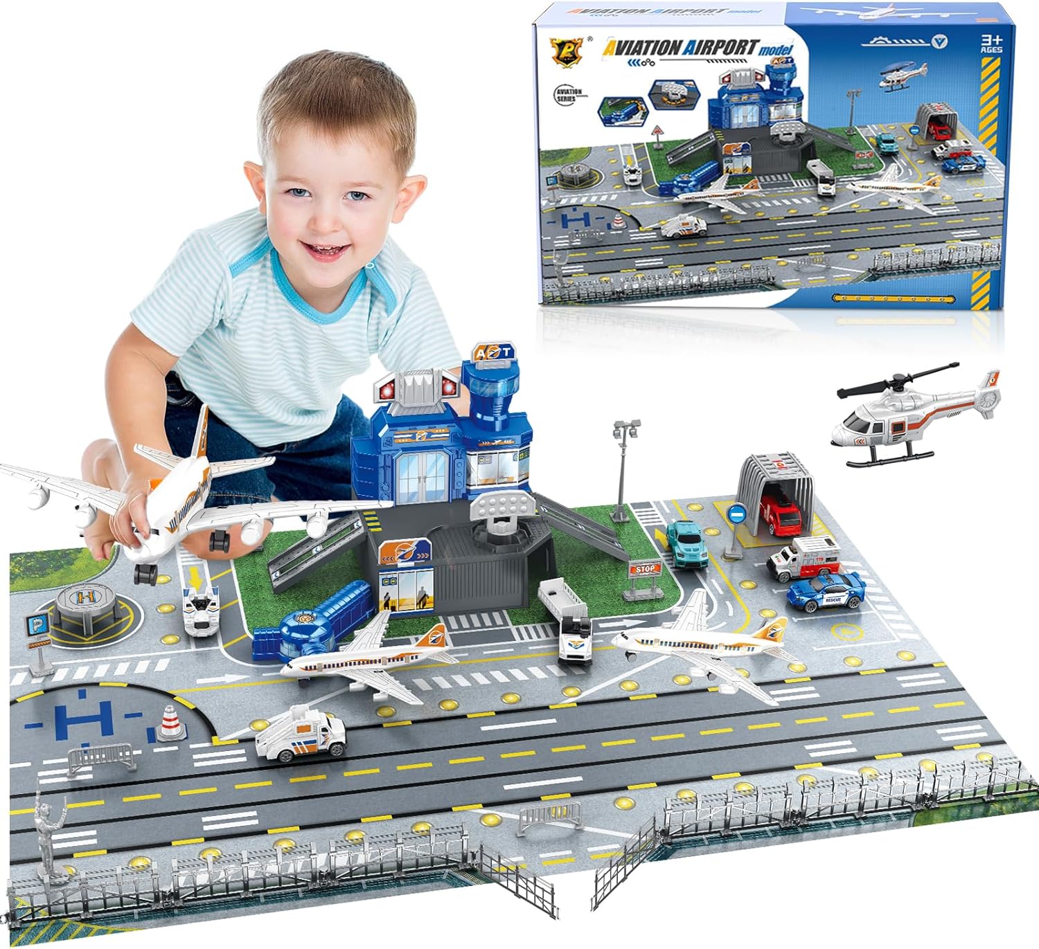 Model Airplane Plastic - 子供用空港シーンおもちゃセット、車、ヘリコプター、飛行機、タワー、空港プレイマット、輸送用航空機モデル付き、3～12歳のお子様に最適、誕生日プレゼント、クリスマスプレゼント、新年の贈り物に。
