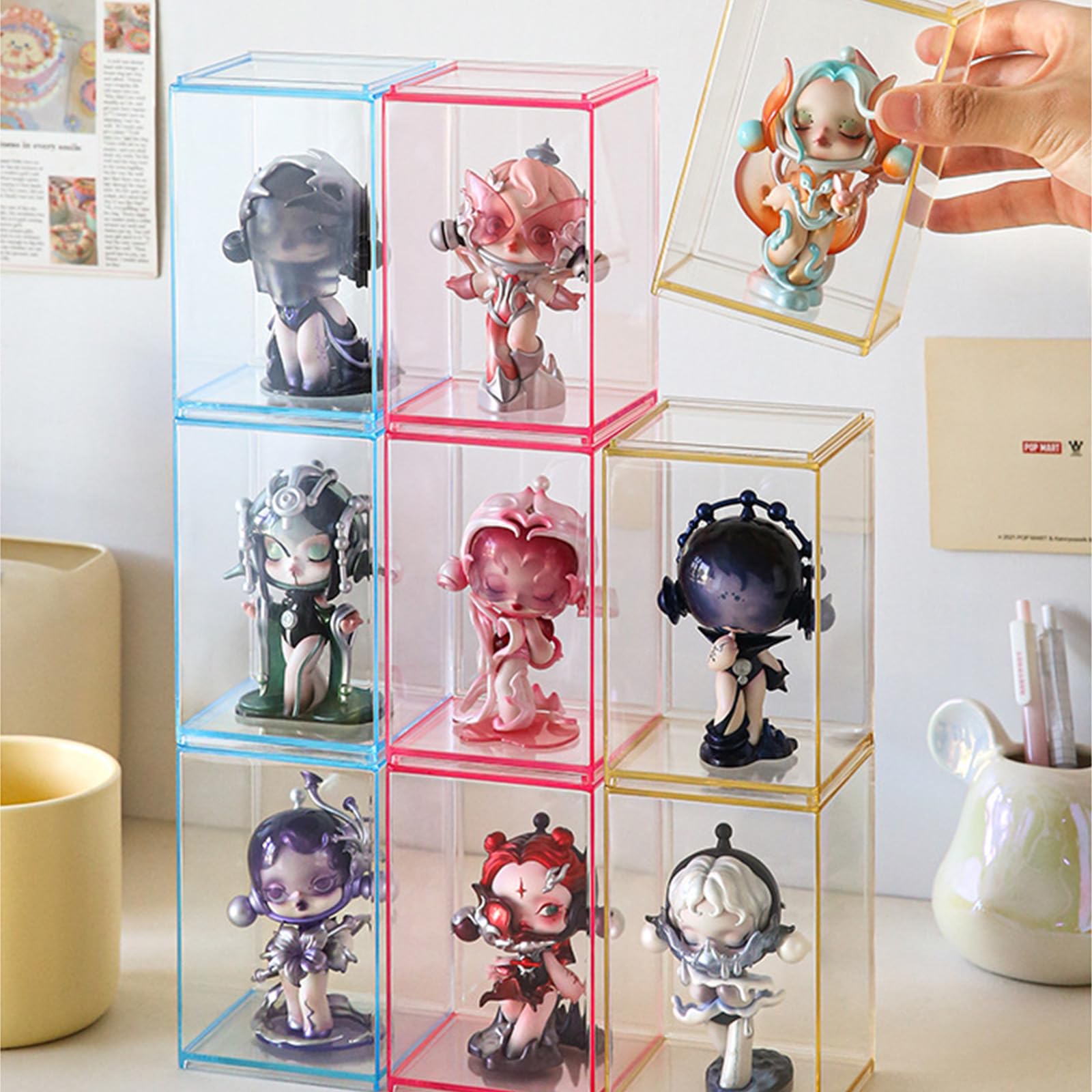 Pop Display Shelf - アクリルディスプレイケース カラフルフィギュア用、積み重ね可能 組み立て式 防塵収納オーガナイザーボックス コレクション用 ポップマート対応