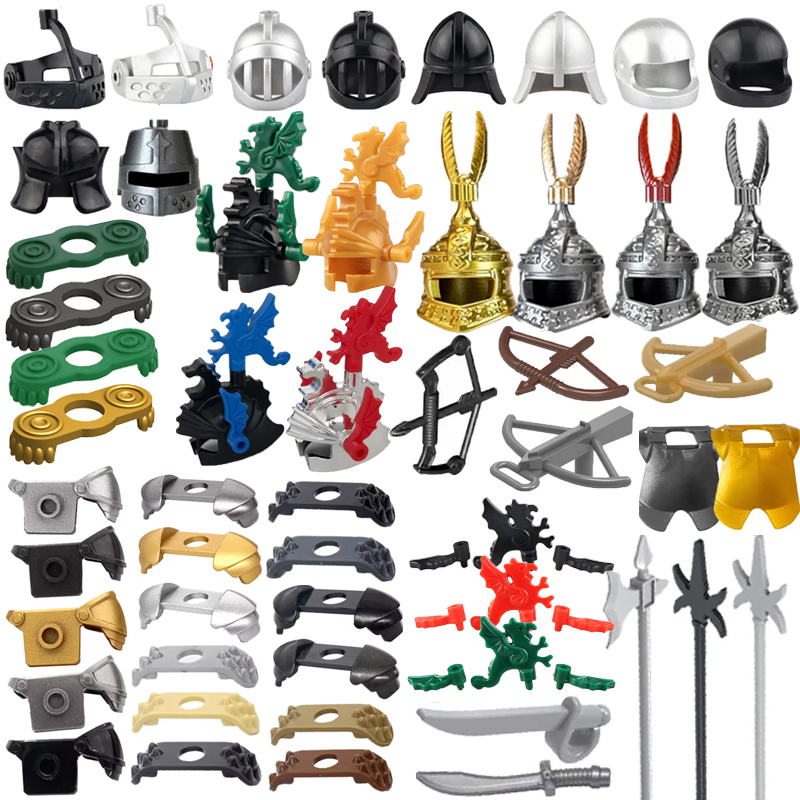 Lego Minifigure Holder - 中世の城軍事騎士ビルディングブロック兵士武器アクセサリー鎧ヘルメットショルダーアーマーマント弓羽おもちゃ A07