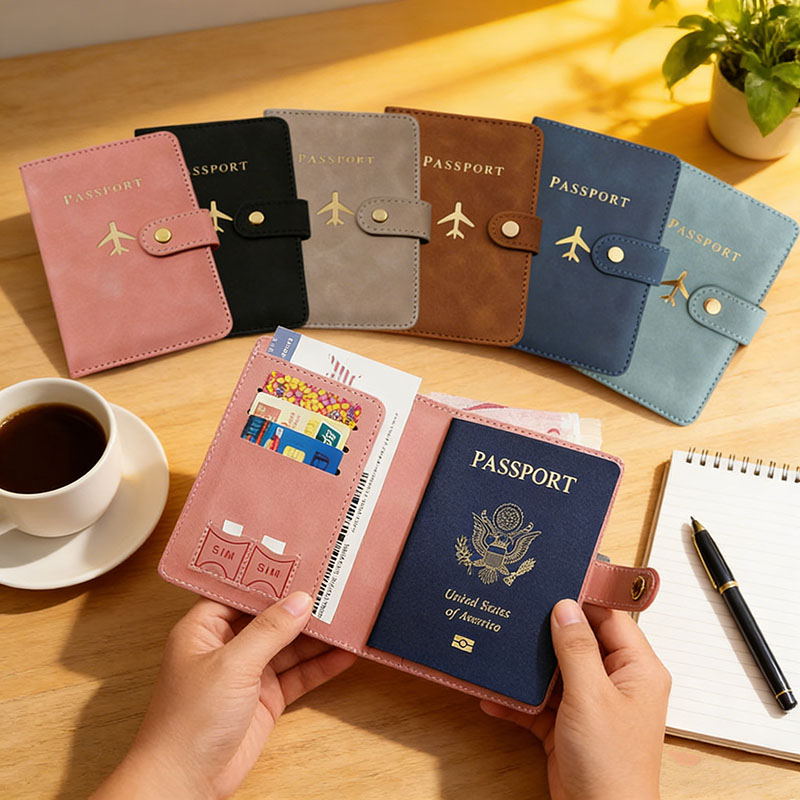 Card Top Loader - レザーパスポートホルダーカバーケース、旅行必需品、クレジットカードウォレット、女性/男性用パスポートブック、バックル付きパスポートカバー
