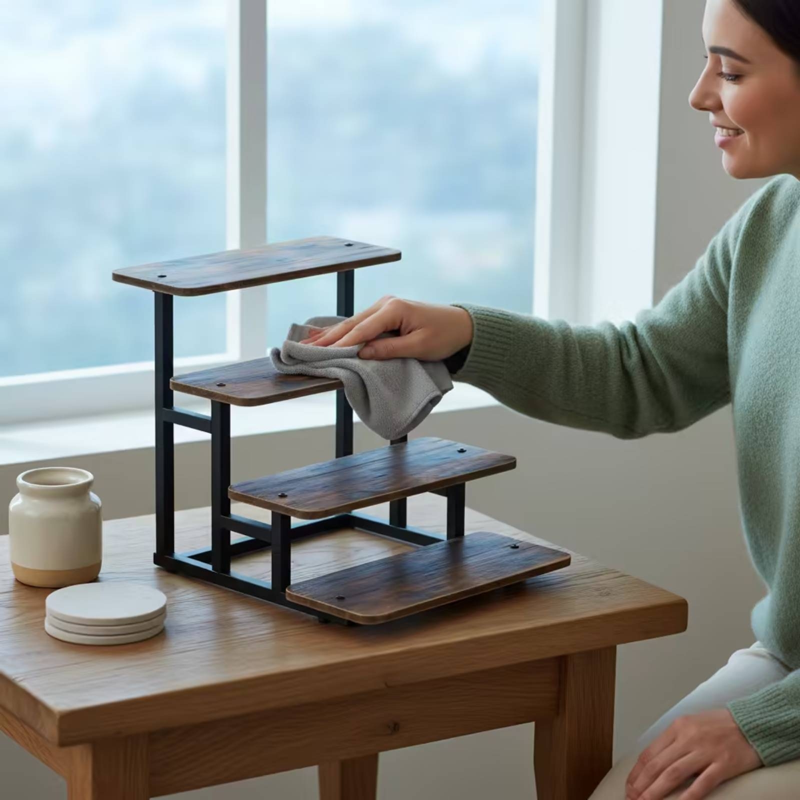 4段ディスプレイスタンド 卓上カップケーキスタンド 木製棚付 - Display Risers Set のレビューと価格